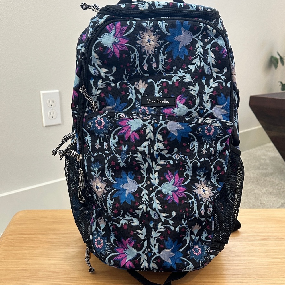 Vera Bradley Adventurer Black Floral Backpack with Blue and Pink Accents